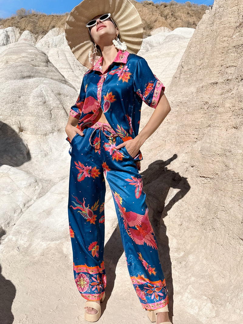 Midnight Crane Resort Set – Elegant Silk Loungewear