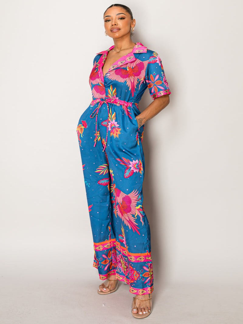 Endless Moon resort wear set with bold pink and blue bird print