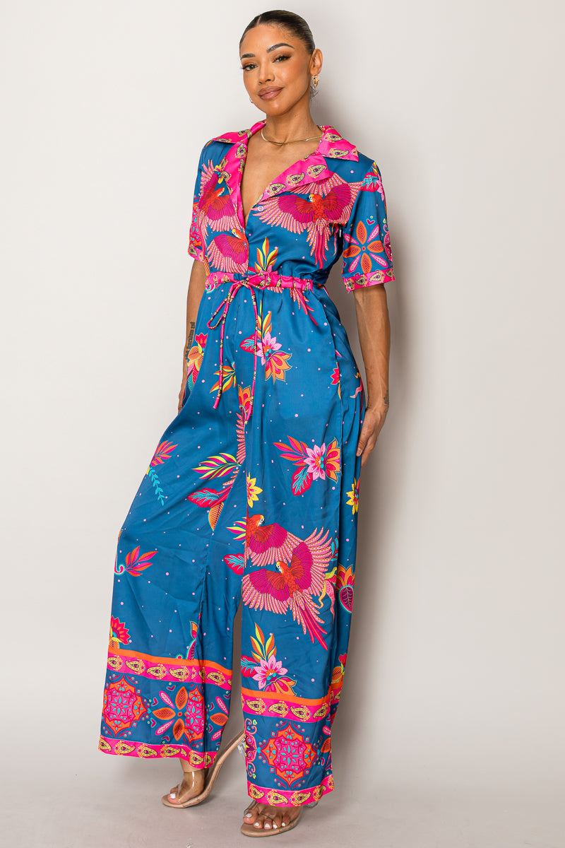 Colorful bird-themed co-ord set perfect for boutique resort collections