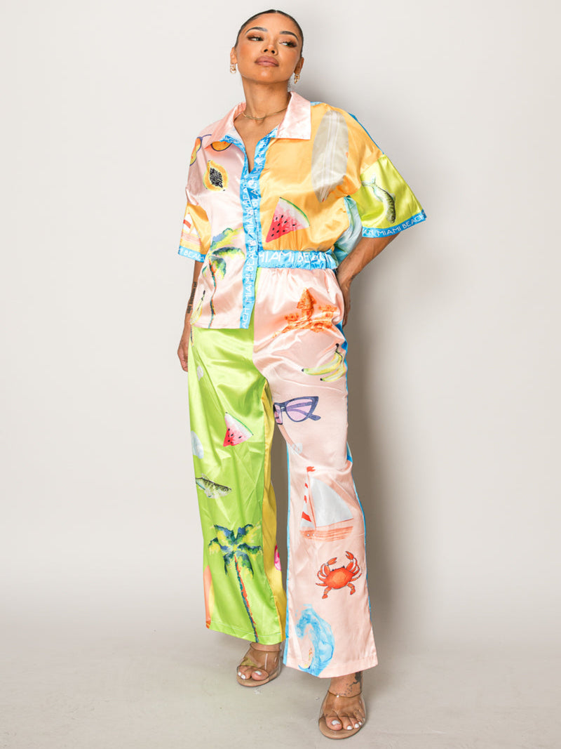 Endless Moon resort wear set with tropical fruit and beach prints