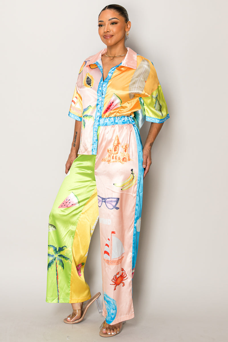 Beach-themed printed set with crabs, palm trees, and sunglasses