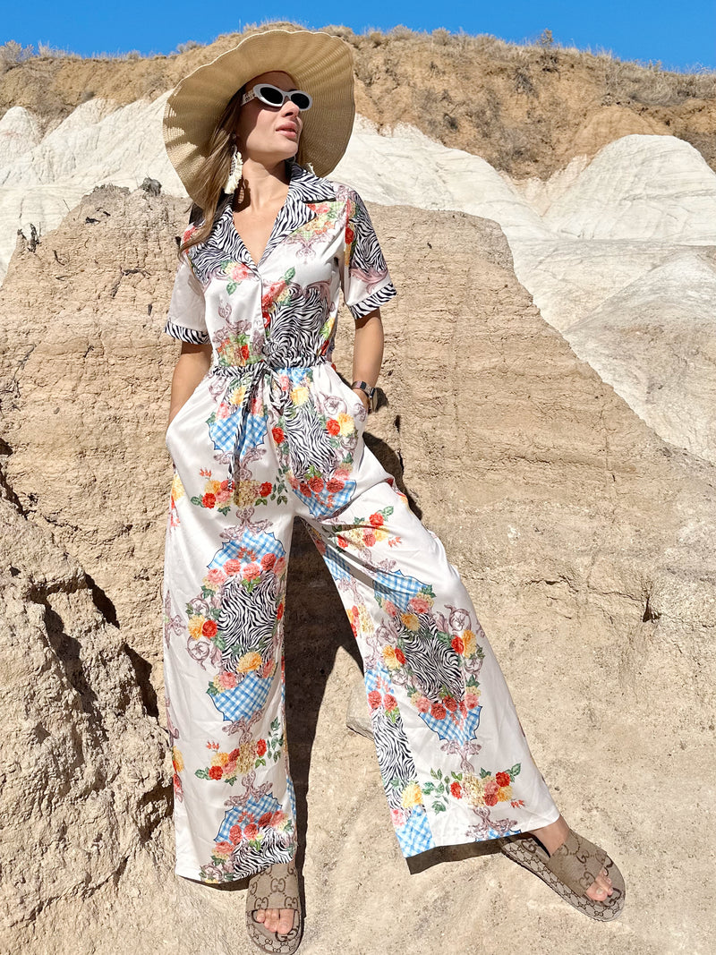 Endless Moon resort wear set with zebra print and floral accents