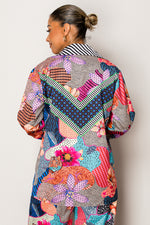 Long-sleeve resort wear set with multicolor floral and butterfly motifs