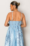 Soft blue sleeveless resort wear dress with vintage floral design
