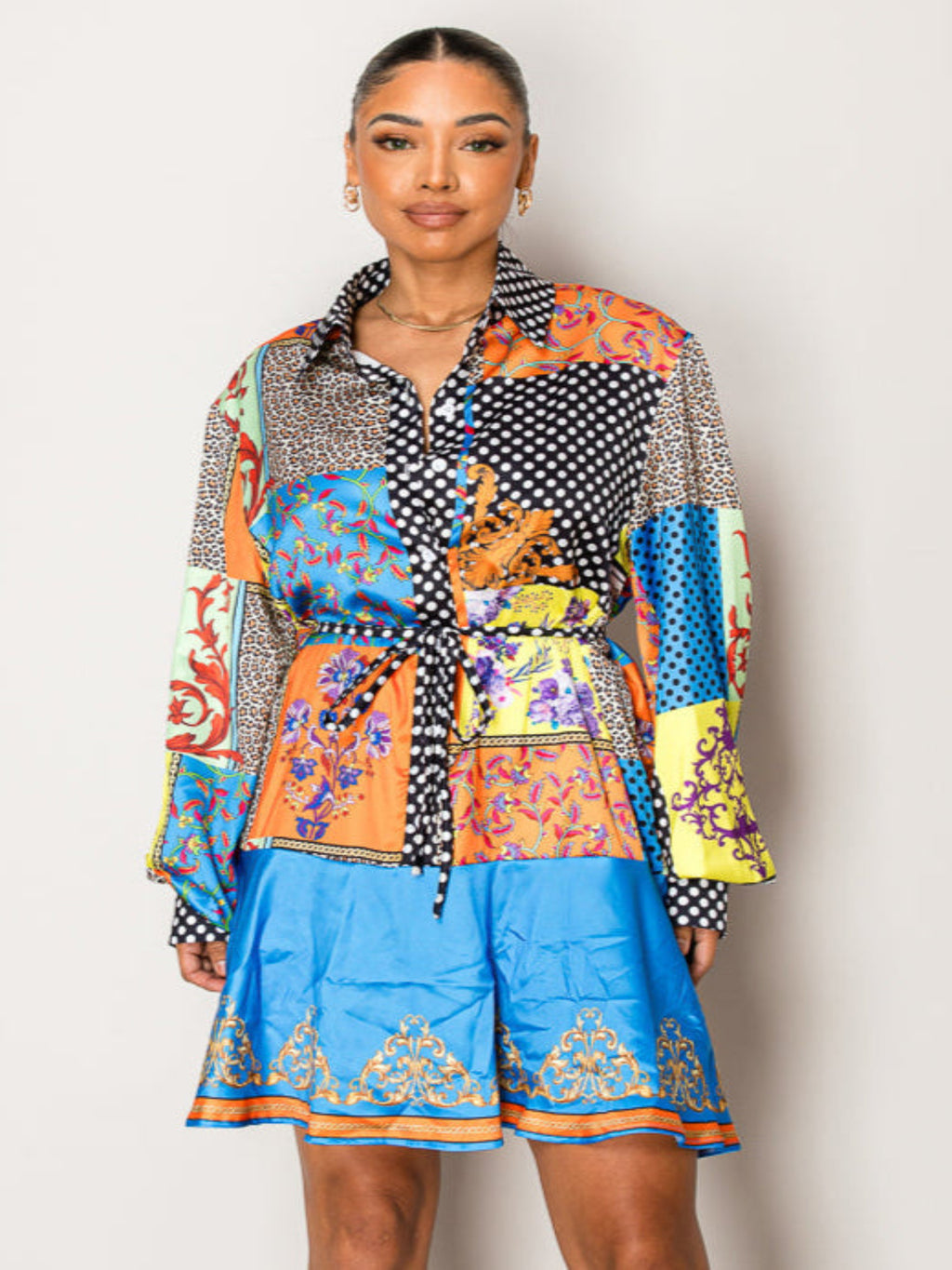 Endless Moon printed resort wear set with patchwork top and shorts