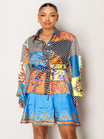 Endless Moon printed resort wear set with patchwork top and shorts