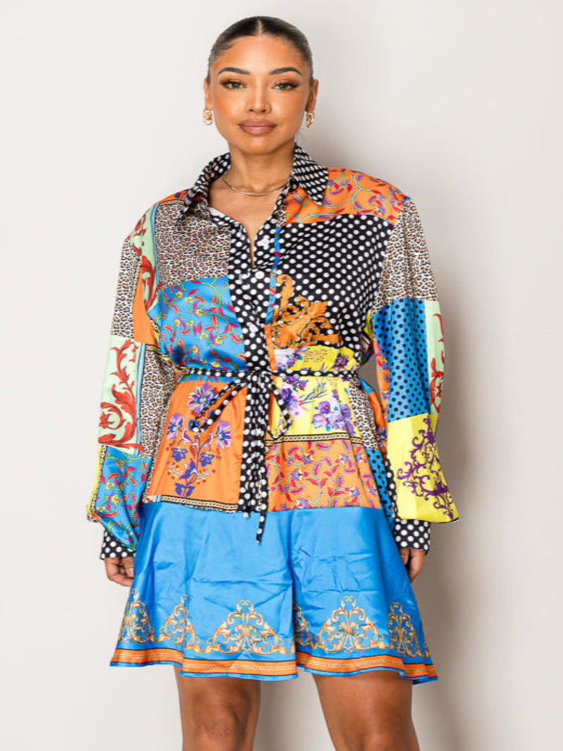 Endless Moon printed resort wear set with patchwork top and shorts