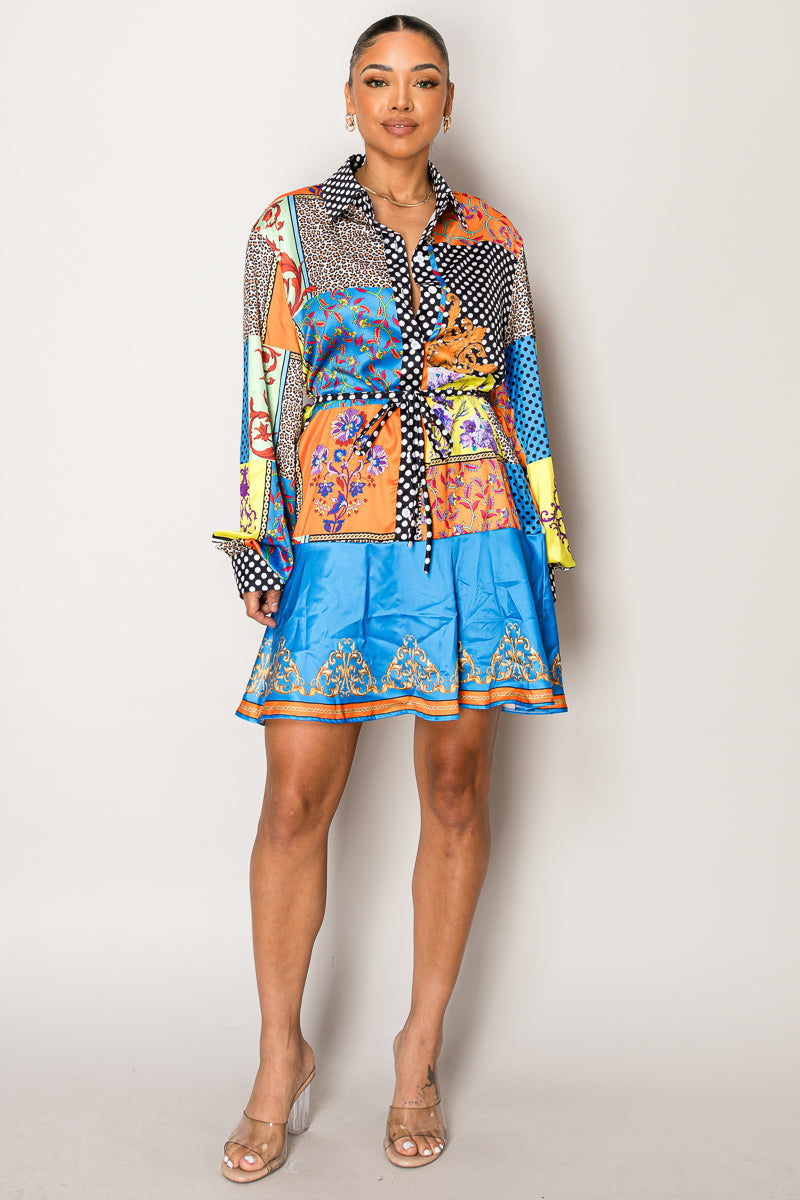 Endless Moon printed resort wear set with patchwork top and shorts