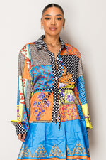Colorful long sleeve shirt and blue printed shorts co-ord set