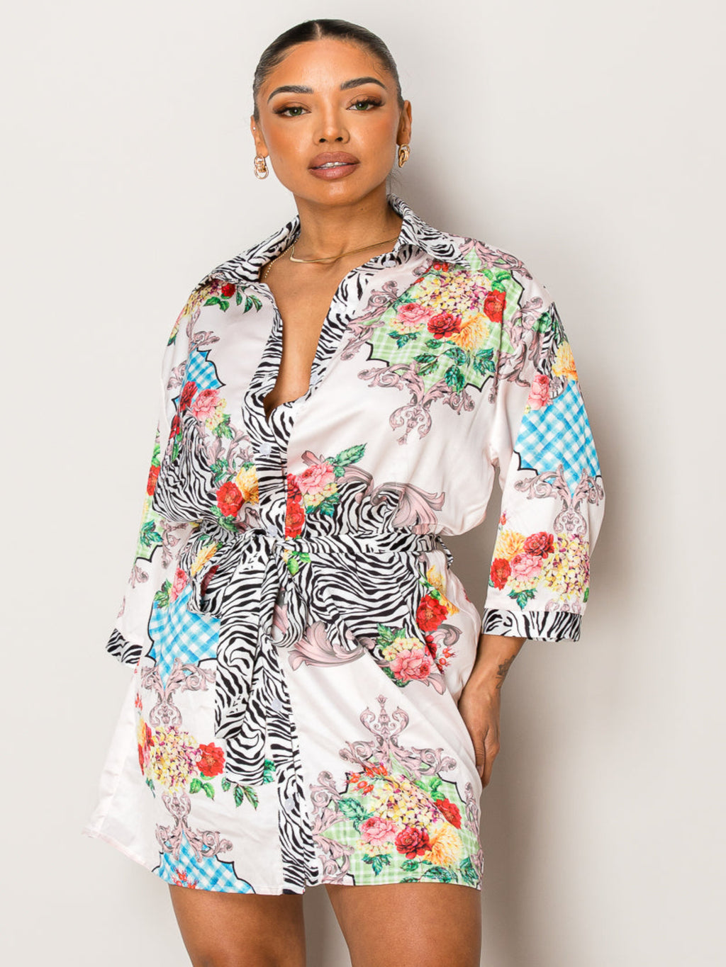 Endless Moon resort wear mini dress with zebra and floral prints