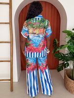 Coastal View Print Stripe Pant And Shirt Resort Wear Set