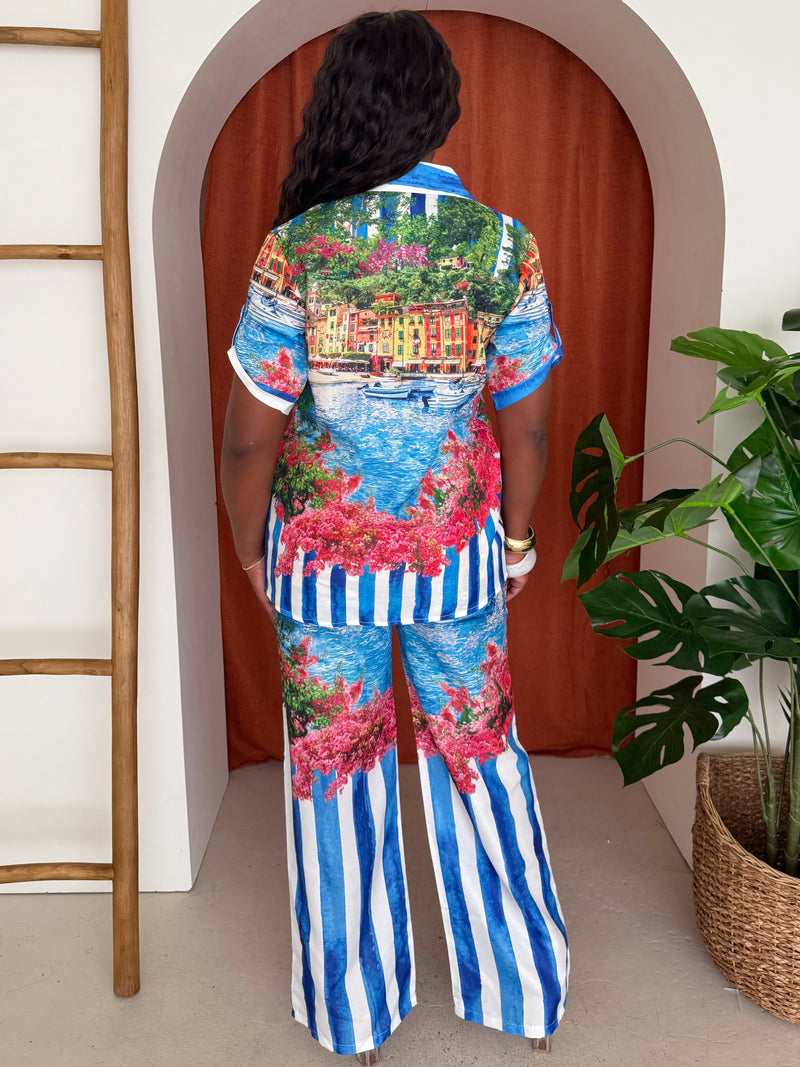 Coastal View Print Stripe Pant And Shirt Resort Wear Set