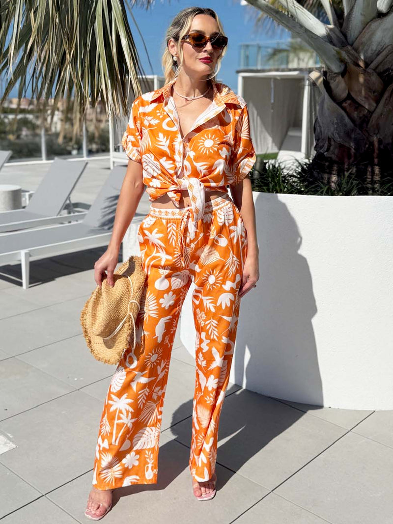 Sun Kissed Radiance Tropics Palm Pant And Shirt Resort Wear Set