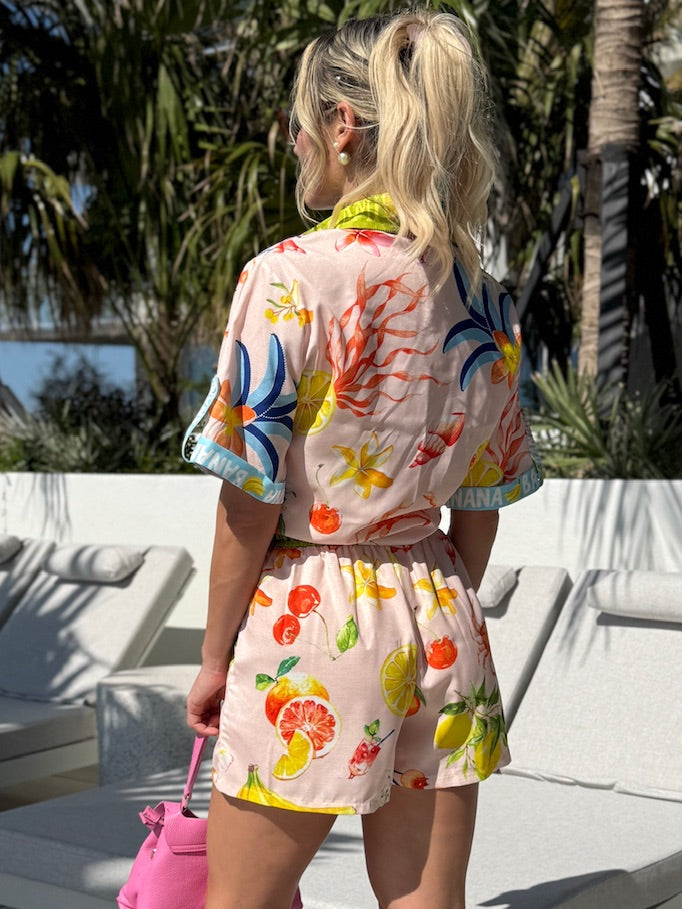 Tropical Breeze Sunny Orchard Fruit Short and Shirt Resort Wear Set