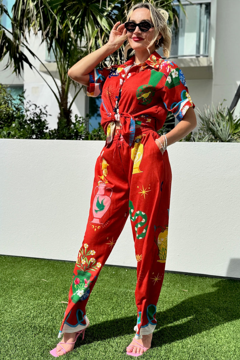 Tropical Paradise Elegance Bold Print Pant And Shirt Resort Wear Set