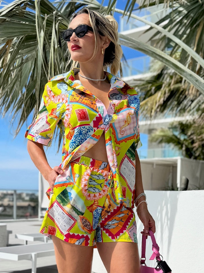 Tropical Colorful Block Chic Short and Shirt Resort Wear Set