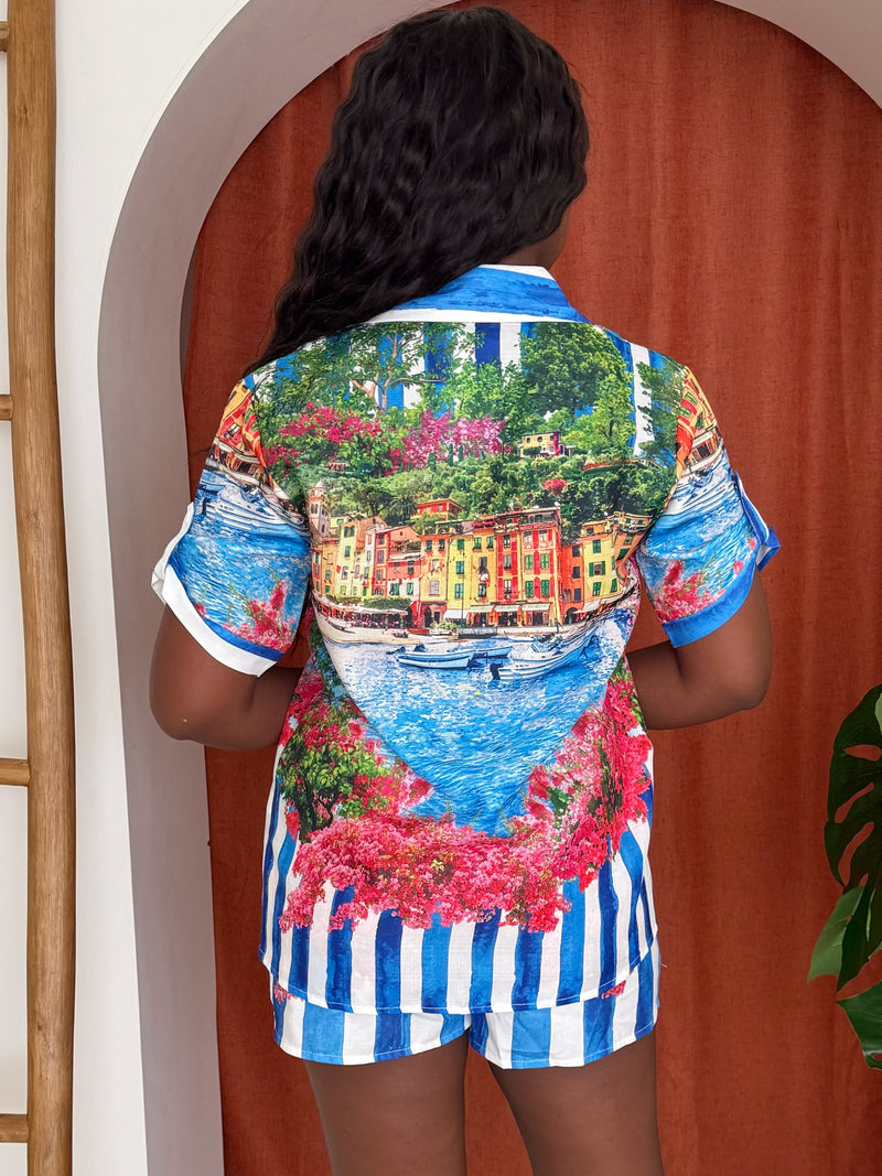 Coastal Views Vibrant Stripe Short and Shirt Resort Wear Set