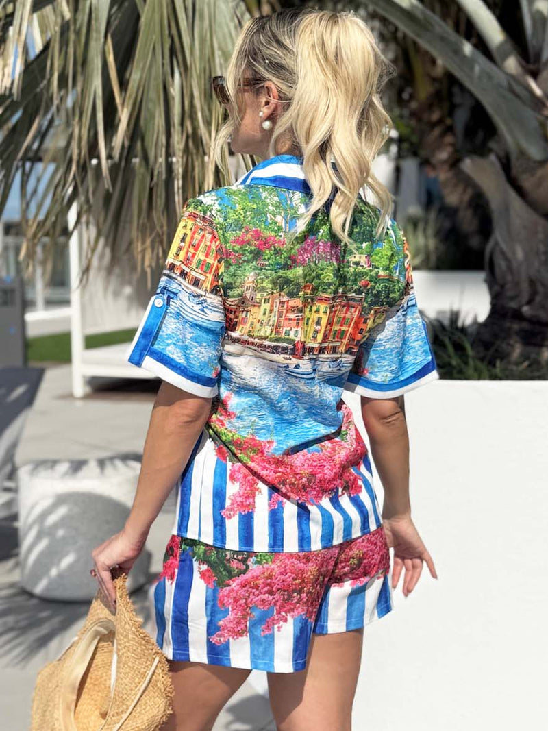 Coastal Views Vibrant Stripe Short and Shirt Resort Wear Set