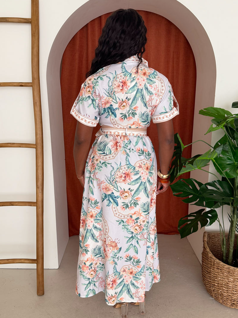 Peach Blossom Garden Floral Belted Maxi Dress