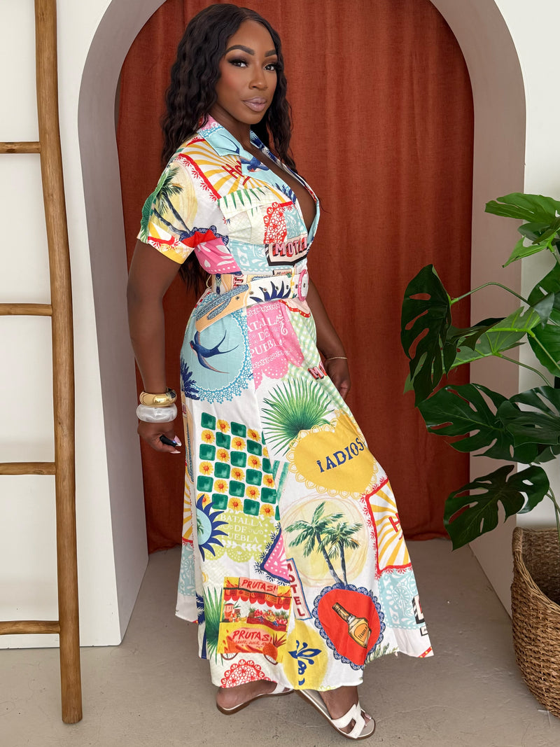 Postcard Print Belted Maxi Dress