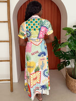 Postcard Print Belted Maxi Dress