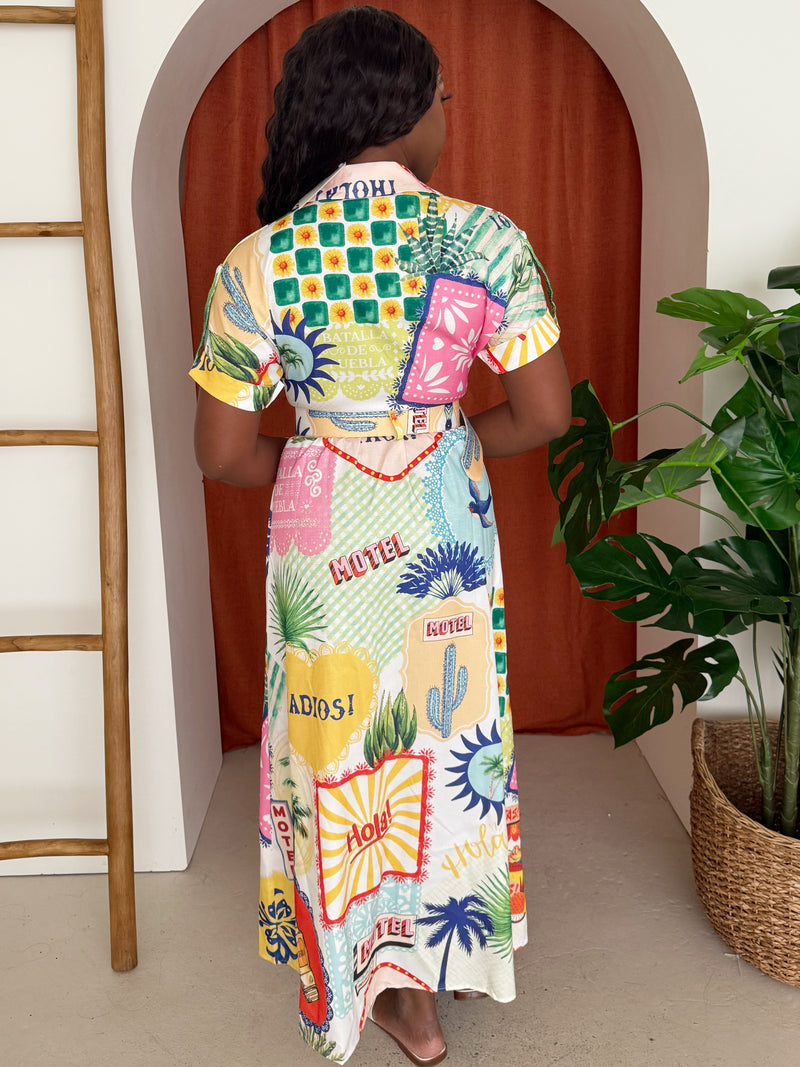 Postcard Print Belted Maxi Dress