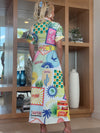 Postcard Print Belted Maxi Dress
