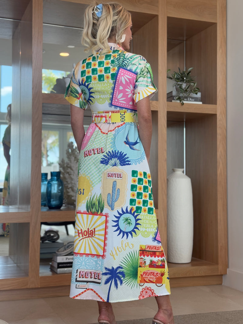 Postcard Print Belted Maxi Dress