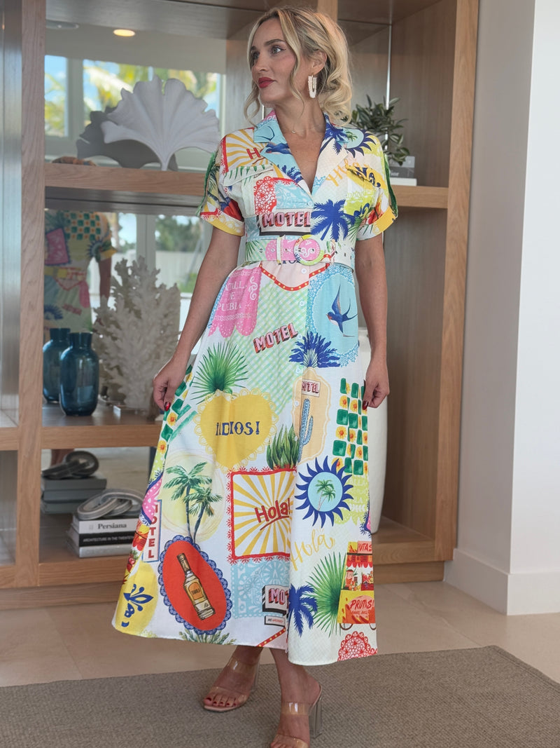 Postcard Print Belted Maxi Dress