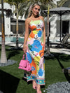 Colorful abstract print maxi dress with spaghetti straps