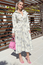 Modest collared midi dress with pastoral illustrations