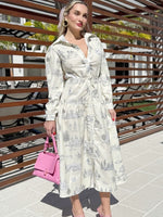 Cream toile print midi dress with long sleeves