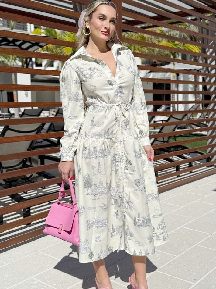 Cream toile print midi dress with long sleeves