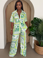 Green Stamp Print Button-Up & Wide-Leg Pants Set