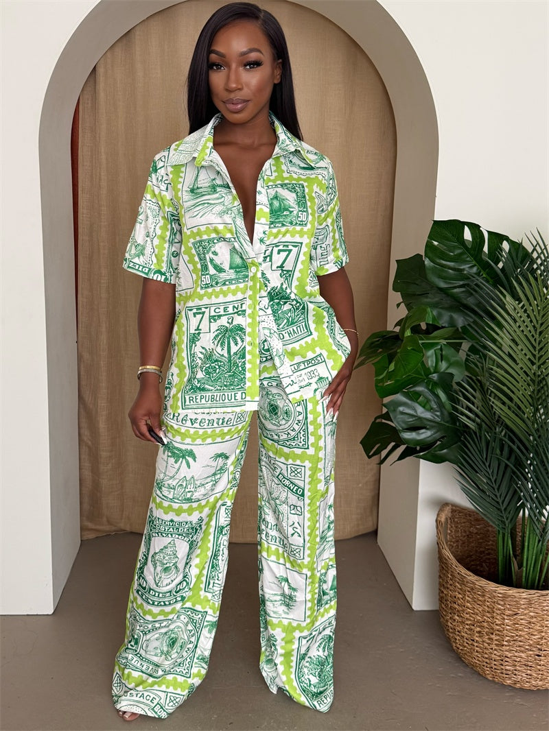 Green Stamp Print Button-Up & Wide-Leg Pants Set