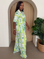 Green Stamp Print Button-Up & Wide-Leg Pants Set