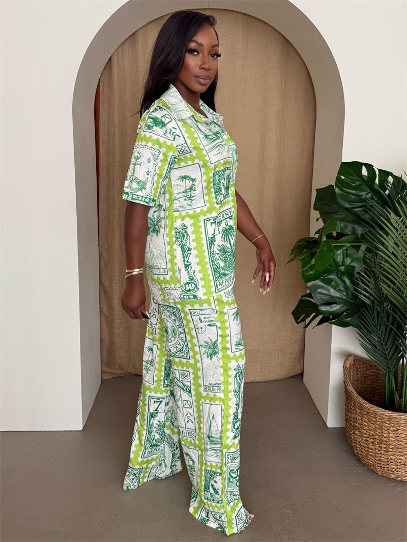Green Stamp Print Button-Up & Wide-Leg Pants Set