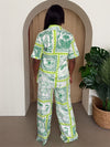 Green Stamp Print Button-Up & Wide-Leg Pants Set
