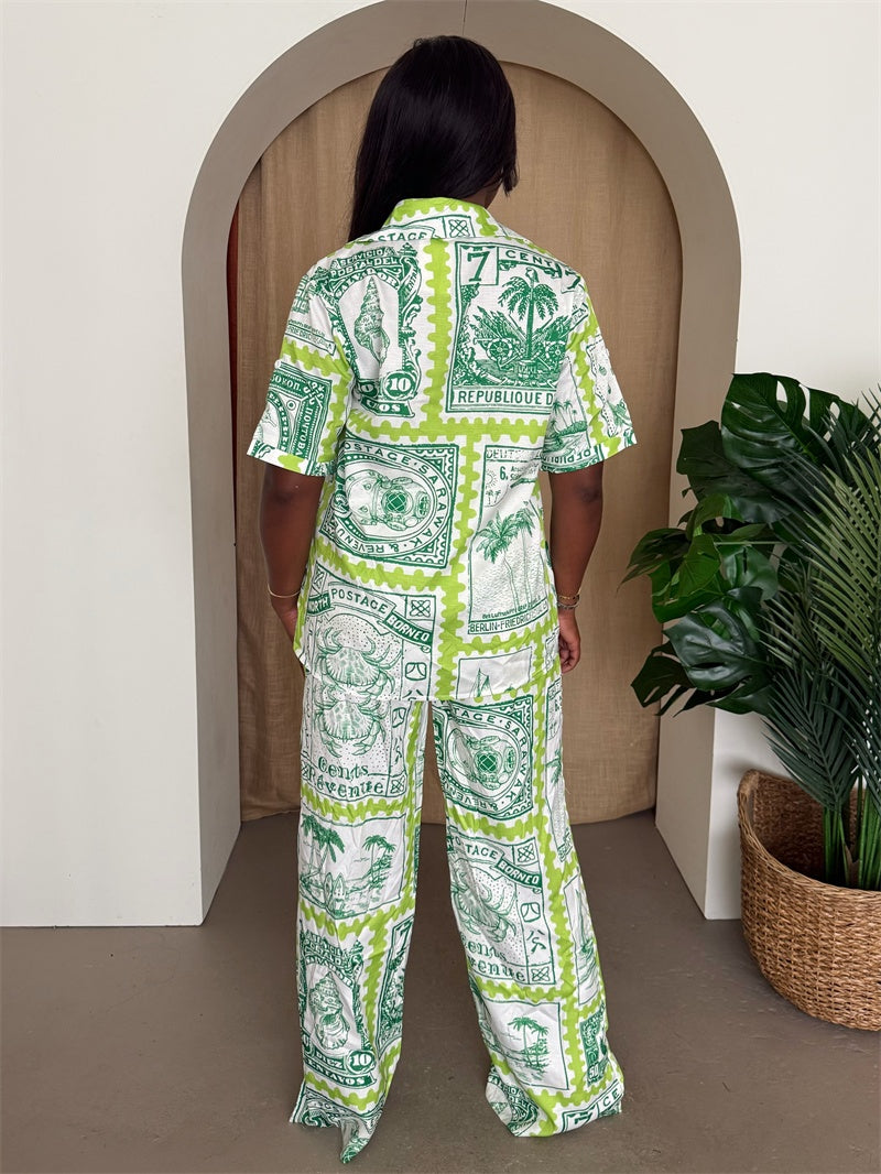 Green Stamp Print Button-Up & Wide-Leg Pants Set