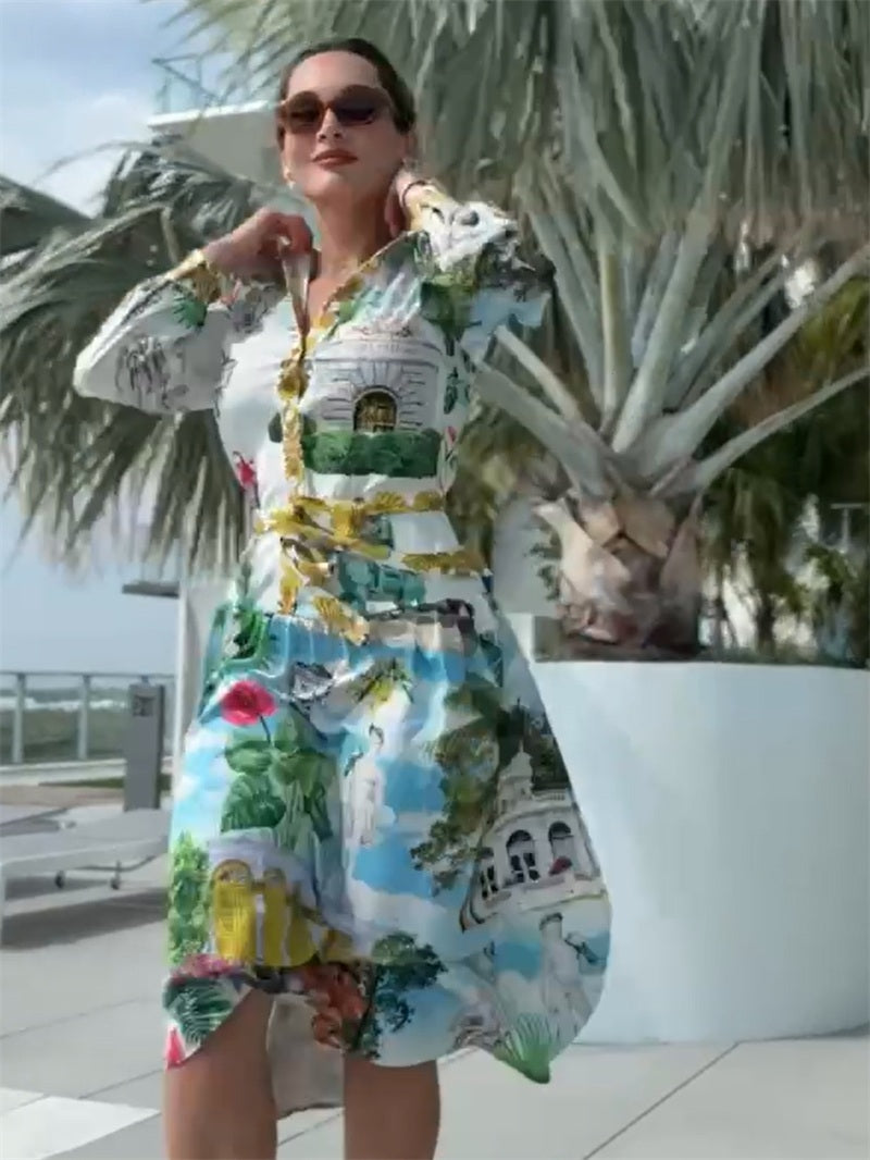 Endless Moon scenic-print shirt dress with gold chain belt