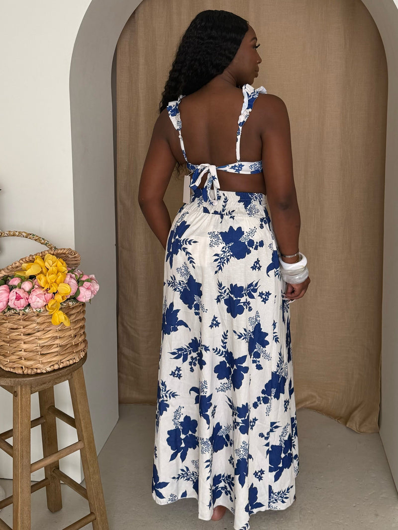 White & Blue Breezy Hibiscus Wrap Skirt