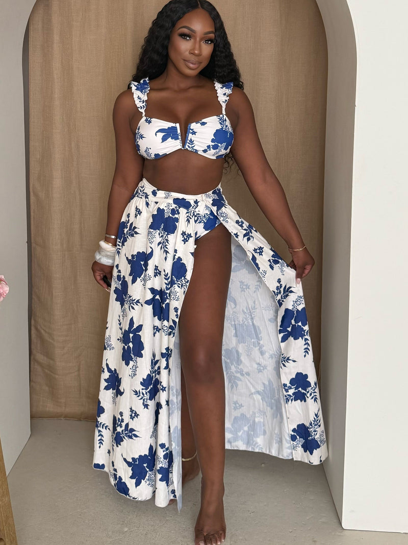 White & Blue Breezy Hibiscus Wrap Skirt
