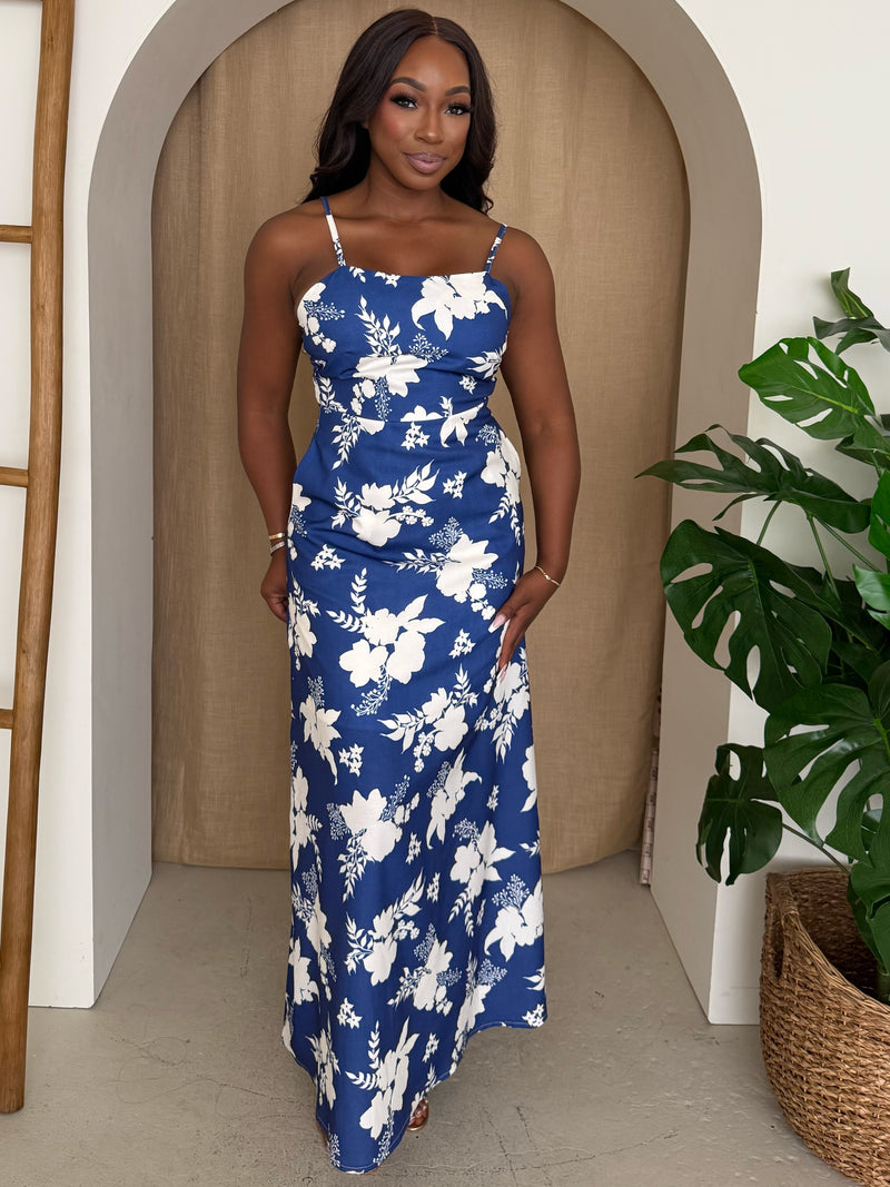 Coastal Bloom Blue & White Floral Maxi Dress