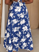 Blue White Floral Print High-Slit Sarong Skirt