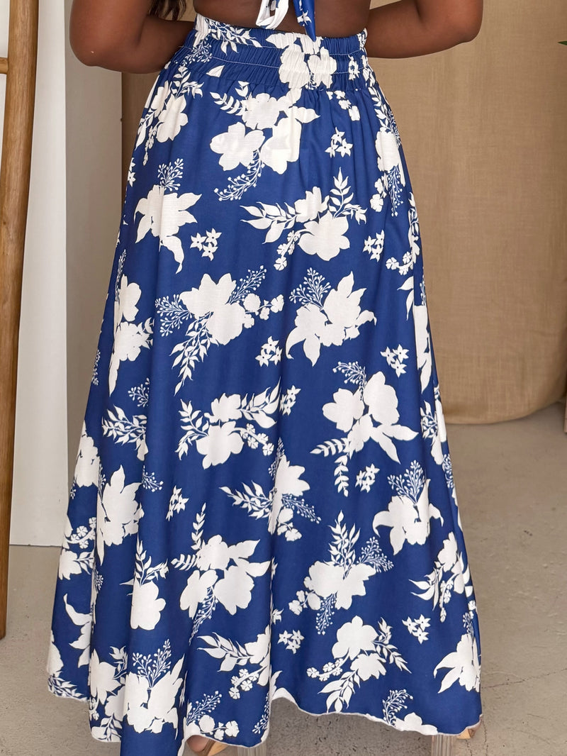 Blue White Floral Print High-Slit Sarong Skirt