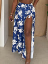 Blue White Floral Print High-Slit Sarong Skirt