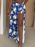 Blue White Floral Print High-Slit Sarong Skirt