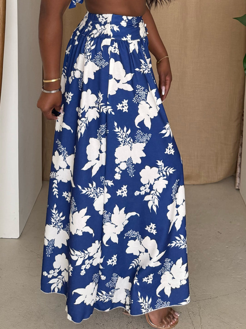 Blue White Floral Print High-Slit Sarong Skirt