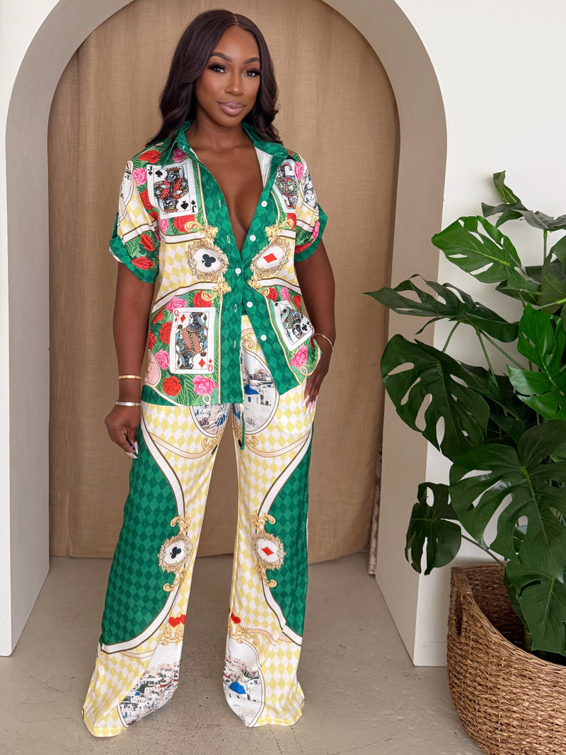 Monaco Luxe | Printed Button-Up Resort Shirt & Wide Leg Pant Set