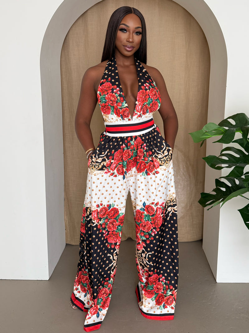 Midnight Rose Halter Neck Wide-Leg Jumpsuit